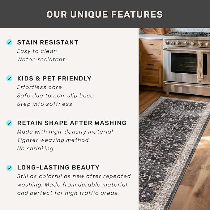 Dark Washable Long Runners for Hallways, 2'6"x8' Wide Kitchen Runner Rug, Entryway Indoor Rug, Non Slip Rubber Backing Boho Vintage Floor Decor, Ashen/Multi