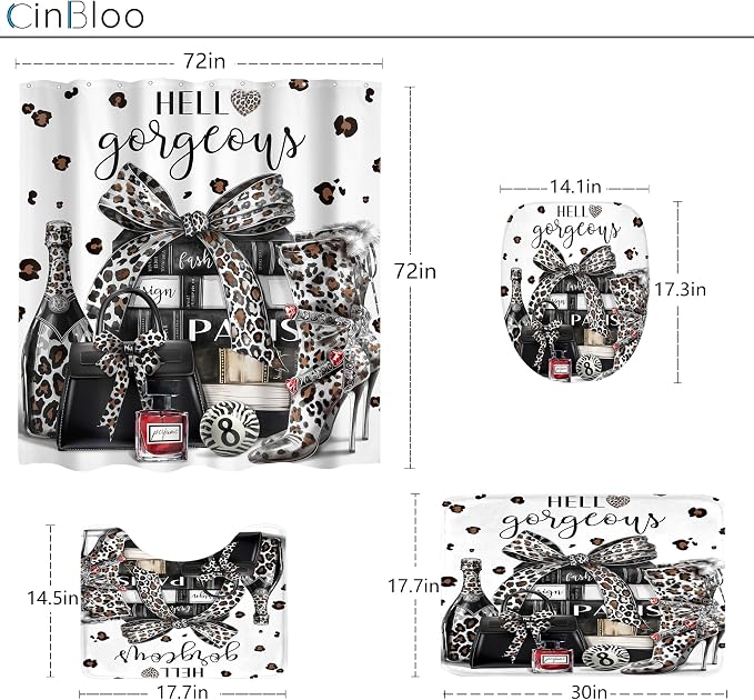4Pcs White Black Leopard Shower Curtain Set,Cheetah Fashion Luxury Magazine Books Perfume High Heels Bathroom Curtain with Rug, Toilet Lid Cover, Bath Mat,Girls Shower Curtain with 12 Hooks