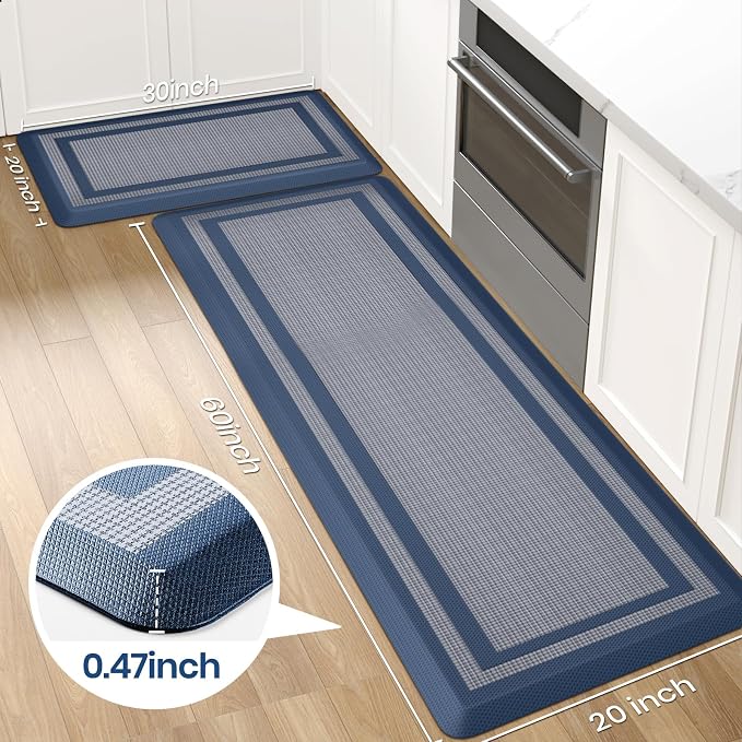 KitchenClouds [2 PCS Kitchen Rugs Cushioned Anti-Fatigue Kitchen Mats for Floor Waterproof Kitchen Rug Set Non-Slip Comfort Standing Mat for Office, Sink, Laundry 20"×30"+20"×60",Blue