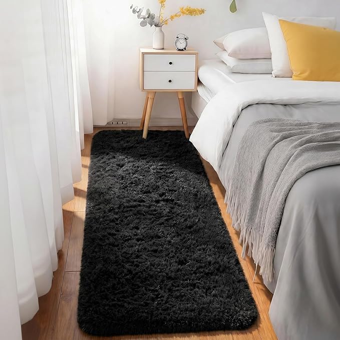 Ophanie Runner Rug for Hallway, 3x6 Washable Non-Slip Fluffy Soft Bedside Rugs, Bedroom Living Room Shaggy Carpet for Kids Girls Boys Dorm Nursery Home Decor Aesthetic, Black