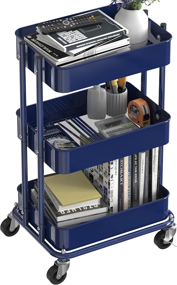 Simple Houseware 3-Tier Compact Utility Rolling Cart, Low 24” Height Fits Under Desk, Space-Saving Storage for Home Office, Dining Room, or Kitchen, Navy