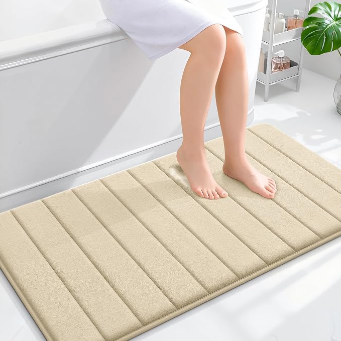 OLANLY Memory Foam Bath Mat 44x24, Super Soft Absorbent Bathroom Rugs, Quick Dry, Machine Washable Shower Floor Rugs, Bathmat Carpet, Bathroom Home Decor Accessories, Beige