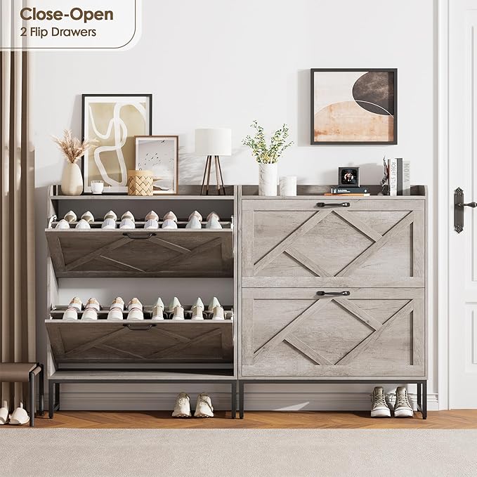 Nicetree Shoe Storage Cabinet with 2 Flip Drawers, Freestanding Shoe Organizer, Shoe Cabinet with Metal Legs, Narrow Shoe Rack Cabinet, Farmhouse Slim Shoe Cabinet for Entryway, Hallway, Rustic Gray