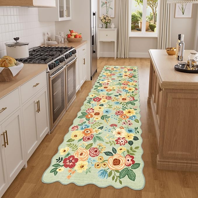 DUKINO Washable Runner Rug, 2x7 Lightweight Soft Floral Hallway Rug Runner with Low Pile Design, Non Shedding & Non Slip Backing Thin Indoor Carpet for Bedroom, Bathroom, Entrance, Kitchen, Green