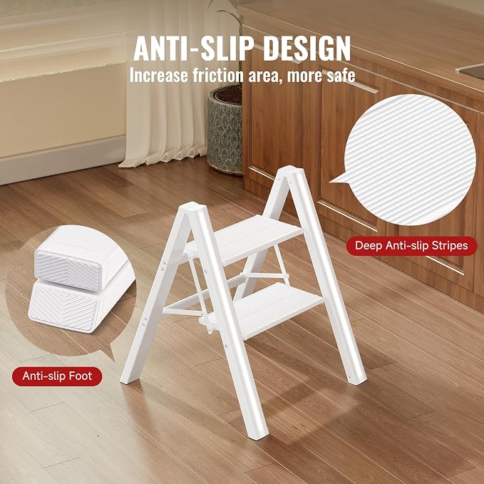2 Step Ladder, Aluminum Folding 2 Step Stool with Anti-Slip Sturdy and Wide Pedal, Lightweight Portable Stepladder for Home and Kitchen Use Space Saving, Cream White, 330 lbs