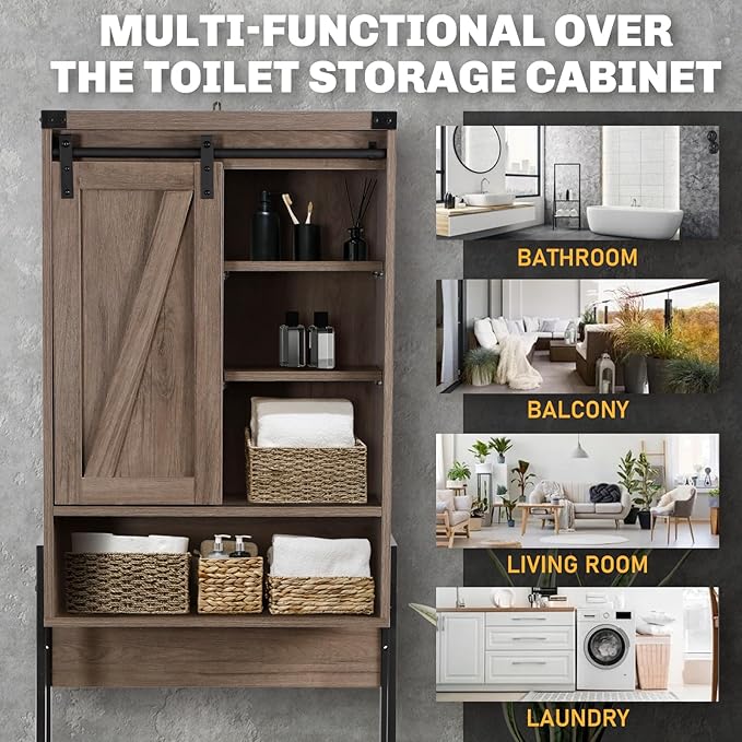 Over The Toilet Storage Cabinet, Behind Toilet Bathroom Organizer with Adjustable Shelves, Above Toilet Organizers with Barn Door, Space Saver for Restroom, Bathroom, Laundry, Grey