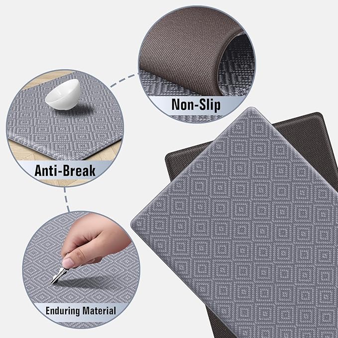 Mattitude Kitchen Mat 2PCS Kitchen Rugs Cushioned Anti-Fatigue Rug Waterproof Standing Desk Mat Kitchen Mats for Floor Kitchen Rug Set for Kitchen, Sink, Office 17.3"×30"+17.3"×47" Light Grey
