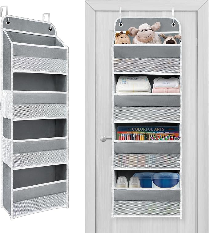 Over The Door Organizer with LifetimeWarranty, 4 Shelves & 4 Side Pockets, Large Storage Rack Holds 44lb, Heavy-Duty Reinforced Mesh Shelf for Bathroom, Closet, Toy Organization, Shoes, Towels, Grey