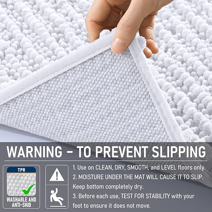 OLANLY Long Bathroom Rugs Runner 59x24, Thick Soft and Absorbent Chenille Bath Mat, Non-Slip, Machine Washable Quick Dry Bath Rugs for Tub Shower Floor, Home Decor Accessories, White