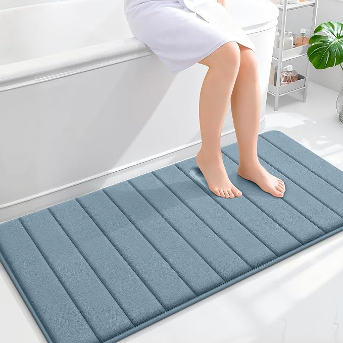 OLANLY Memory Foam Long Bathroom Rugs Runner 47x24, Super Soft Absorbent Bath Mat, Quick Dry, Machine Washable Shower Floor Rugs, Bathmat Carpet, Bathroom Home Decor Accessories, Airy Blue