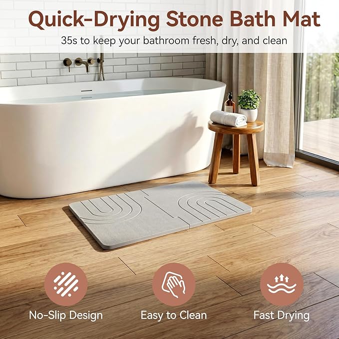 Luxspire Stone Bath Mat, Quick Drying Diatomaceous Earth Bath Mat for Bathroom, Large Bathroom Rug Non Slip, Water Absorbing Shower Mat, Stone Drying Mat for Kitchen Counter, 24 x 16 in, Gray