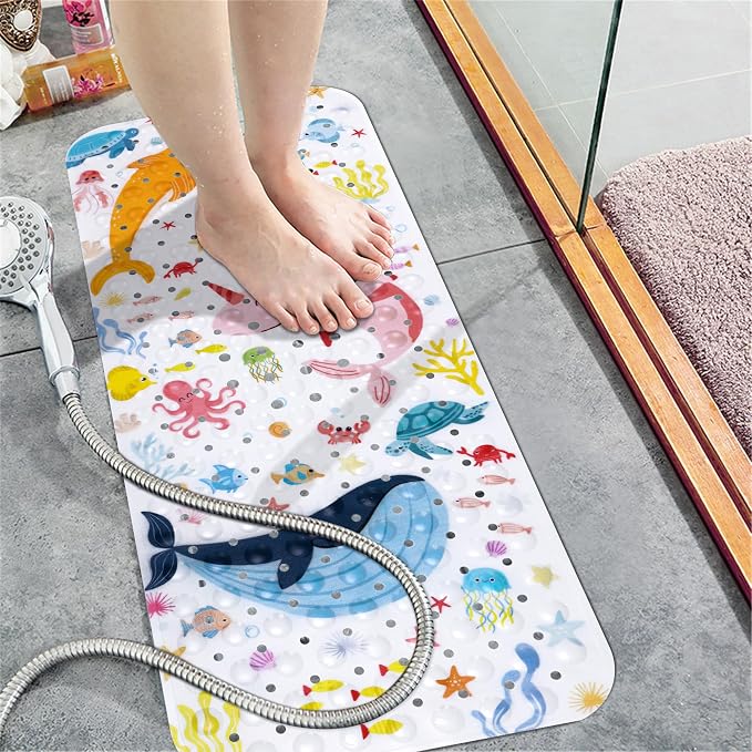 Topotdor Baby Bath Mat for Tub for Kids, 40 X 16 Inch Extra Long Toddler Bathtub Mat Non Slip, Machine Washable Bathroom Shower Floor Mat with Suction Cups & Drain Holes, Sea Animal