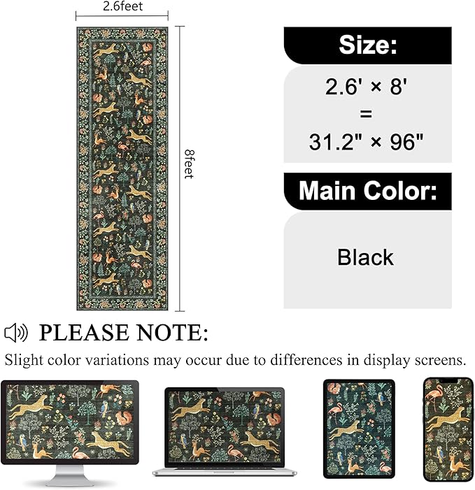 DUKINO 2.6x8 Rug for Hallway, Washable Kitchen Runner Rug with Non Slip Backing, Soft Low Pile Vintage Animal Runner for Bedroom, Kitchen, Hallway, Entryway, Laundry, Black