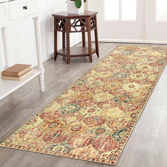 Lahome Moroccan Hallway Rug, 2'5''x8' Kitchen Runner Rugs Non Skid Washable Runners for Hallways, Ultra-Thin Oriental Carpet for Entryway Laundry Room Bedroom Bathroom Elise, Red/Orange