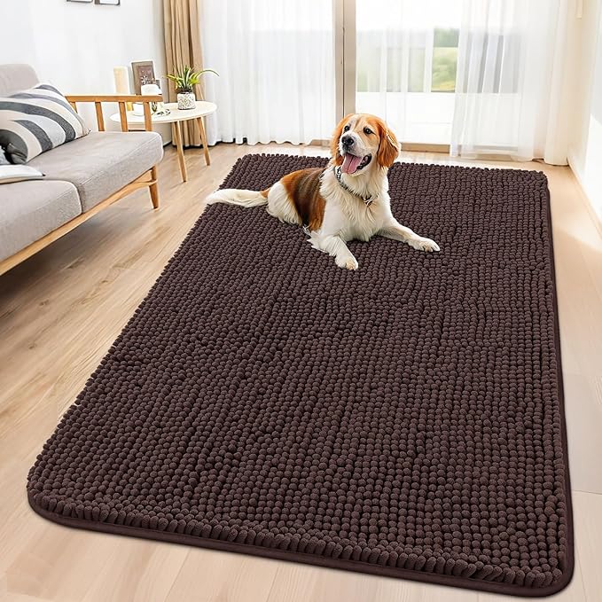 Smiry Dog Door Mat for Muddy Paws 59x32, Absorbent Dirt Trapper, Non-Slip Washable Chenille Entryway Rug for Inside Floor, Brown, Classic Solid