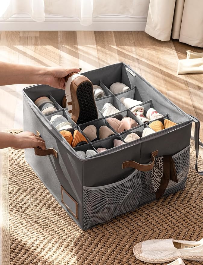 StorageWorks Shoe Organizer for Closet, Fabric Shoe Storage Boxes for Slippers and Sandals, Stackable Shoe Bins for Closet with Side Mesh Pockets, Holds Up to 16 Pairs, Grey