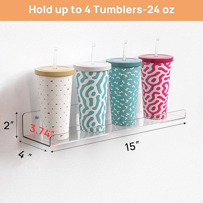 upsimples Acrylic Shelves for Bathroom Storage, 15" Floating Shelves Wall Organizer for Perfume, Make up, Skincare, Kids Bookshelf for Bedroom, Nursery, Living Room Decor, Clear, 2 Pack