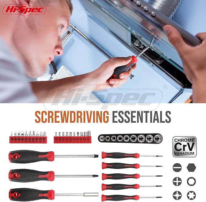 Hi-Spec 54pc Red Household Tool Kit – Essential DIY Hand Tool Set with Toolbox for Home, Garage, Office, Basic Repairs, First Apartment, New Home & Everyday Home Improvement