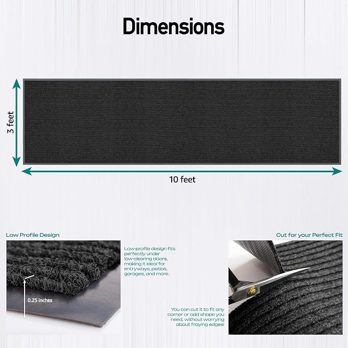 MaxMat® Commercial Grade Entry Mat - Heavy Duty, Large Sizes, Indoor/Outdoor, Waterproof, Low-Profile Door Mat (3 x 10 Feet, Black, MXM-RIB0310BK)