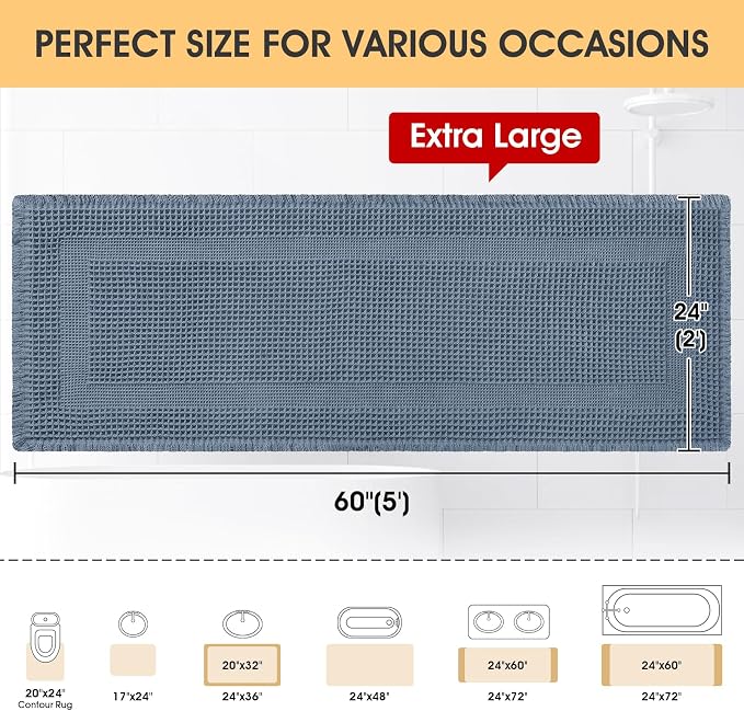 IM HOME Extra Large Waffle Bath Mat, Boho Bathroom Rugs Absorbent Non Slip, Ultra Soft Bathroom Mat, Machine Washable Knit Bath Rugs with Tassels for Bathroom, Bedroom, Kitchen, Tub, 5'x2', Blue