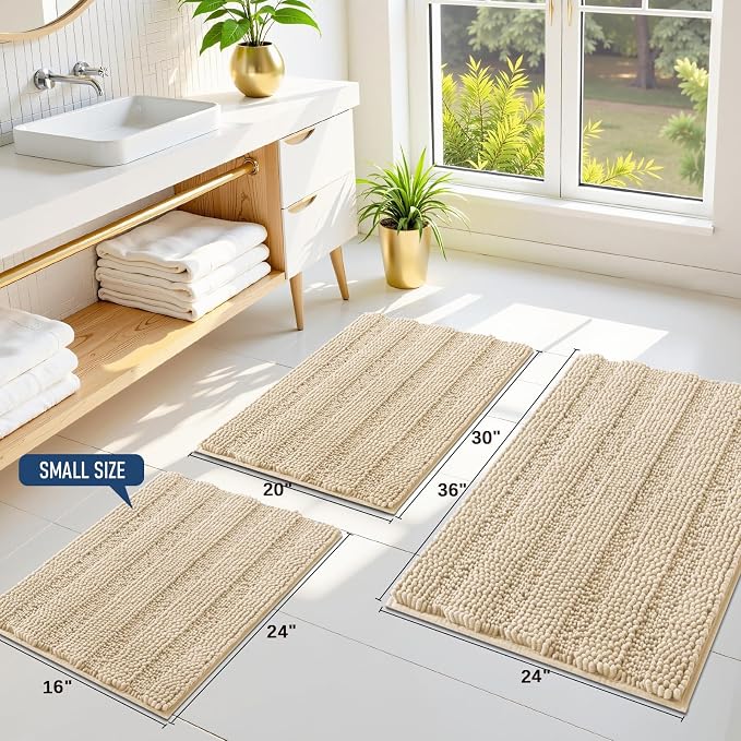 Grandaily Chenille Striped Bathroom Rugs 47x17, Extra Thick and Soft Absorbent Bath Mats, Rubber Backing, Plush Shaggy Shower Carpet, Machine Wash Dry, Bath Rug for Bathroom, Light Beige