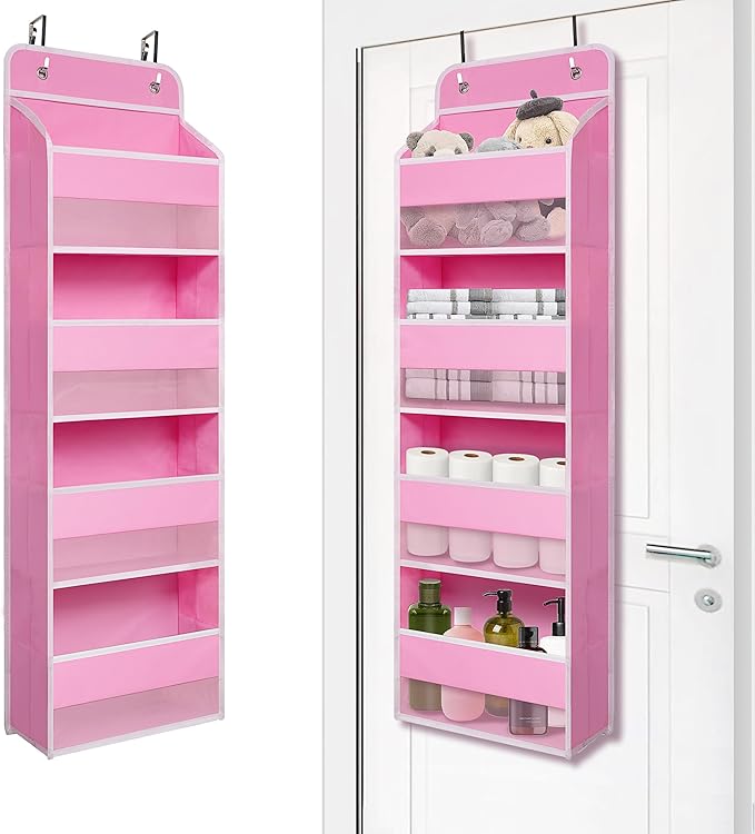 Giraffe Creation Compact Pink Over Door Organizer with 4 Large Clear Pockets, Compact Hanging Door Storage for Nursery, Bedroom, Bathroom, Closet, Baby Essentials