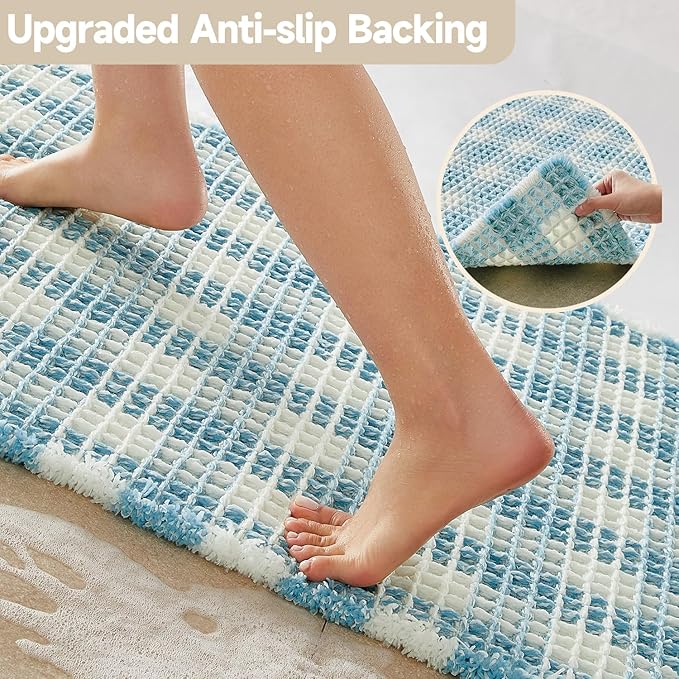 TYUU Waffle Bath Mat, Boho Bathroom Rugs Non Slip Washable Absorbent Checkered Bathroom Mat Quick Dry Cute Bath Mat, 30"x20" Blue and White