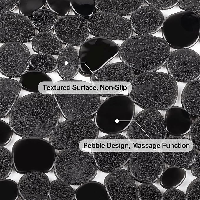WELTRXE Pebbles Bath Mat for Tub Black Non-Slip Bathtub Mat with Suction Cups, Drain Holes for Bathroom Showers, Tub, Machine Washable, BPA, Latex Free Oval Shower Mats Bath Tub mat, 27 x 14 Inch