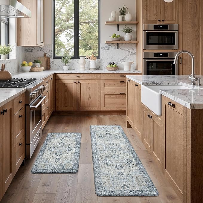 GENIMO Kitchen Mats for Floor 2PCs, Washable Anti Fatigue Mat for Cushioned, 17.3"x59"+17.3"x30", Waterproof Kitchen Rugs, Non Slip Foam Standing Mat Rug for Home, Sink, Office, Laundry, Light Blue