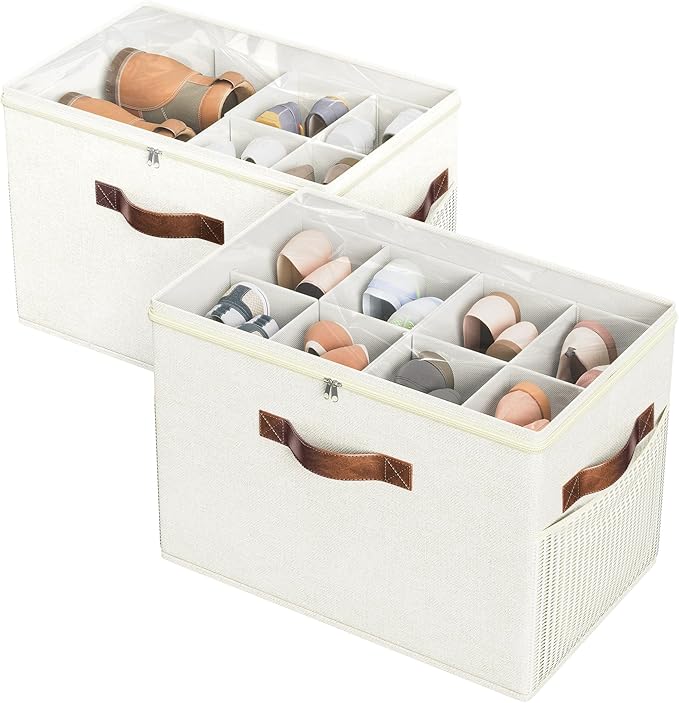 Budding Joy 2 Pack Shoe Organizer for Closet, Clear Foldable Shoe Storage Containers Adjustable Dividers Fits 16 Pairs,Shoe Storage Bins Baskets Boxes with Reinforced Handles Beige