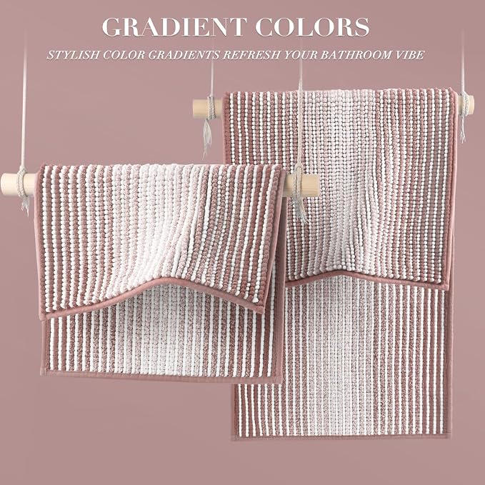 BSICPRO Bathroom Rugs and Mats Sets, 2 Piece Thick Absorbent Chenille Bath Mat Rug Set Non Slip, Soft Shaggy Bath Room Floor Mats for Bathroom, Machine Washable (20" x 47" Plus 16" x 24",Mist Pink)