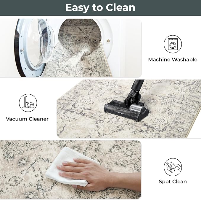 GRANNY SAYS Boho Kitchen Rug Sets of 3, Non Slip Washable Faux Wool Kitchen Mats for Floor, Thick Soft Anti-Fatigue Comfort Standing Mat Runner Rugs for Hallway Laundry Room, Beige