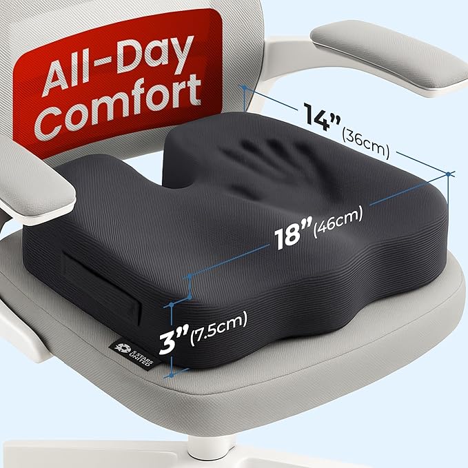 5 STARS UNITED Seat Cushion - Memory Foam Chair Cushion for Tailbone Pain Relief - Ergonomic Support for Coccyx, Sciatica & Butt - Office, Desk & Gaming Chair, Car Seat, Wheelchair, Airplane, D Gray