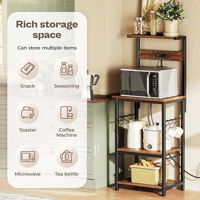 SUPERJARE 4 Tier Bakers Rack with Power Outlets, Microwave Stand with Adjustable Shelf, Kitchen Shelf Organizer for Small Space, Coffee Bar with 6 S Hooks, Kitchen Storage Rack, Rustic Brown