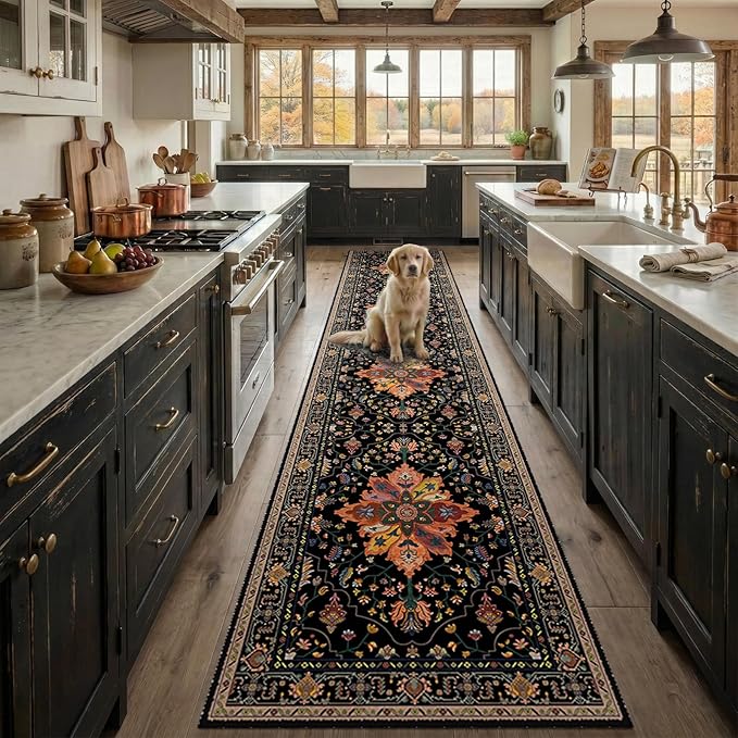 RELEANY Area Rugs Runner 2'x9' Washable Non-Slip, Floral Vintage Distress Medallion Carpet for Kitchen Hallway Bedroom Beside Laundry Room Bathroom, Black Colorful Floral Dark Tan