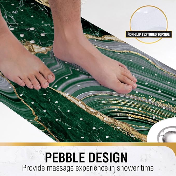 Bathtub Mat Non Slip, 40x16 inch Bath and Shower Safety Mats, Green Marble and Golden Veins Tub Mat for Bathroom, Tub Shower Mat with Drain Holes and Suction Cups