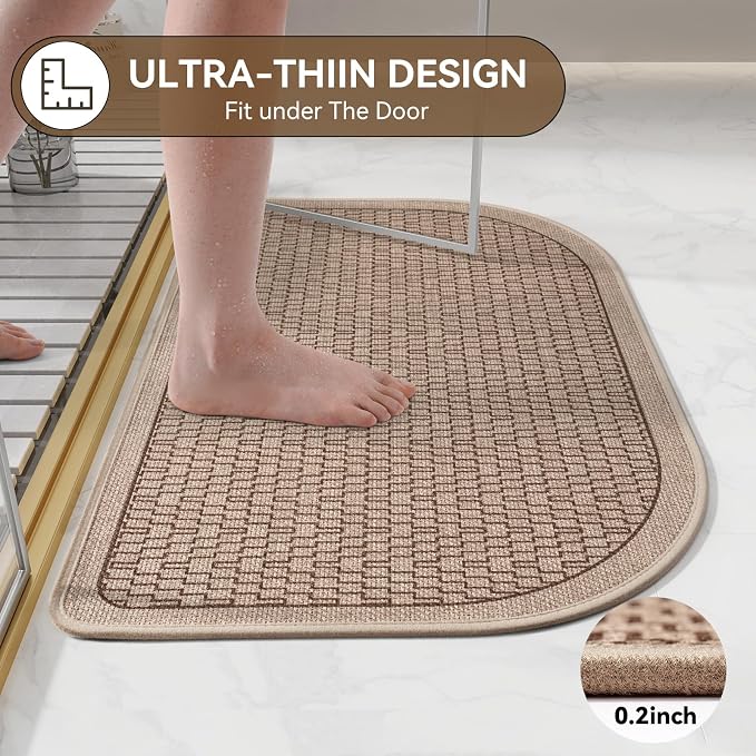 YDKGL Bathroom Rugs Mat 20x31, Non Slip Ultra Thin Bath Mat Quick Dry Absorbent Washable Half Round Bath Mats for Bathroom Floor Rubber Backed Fit Under Door Brown