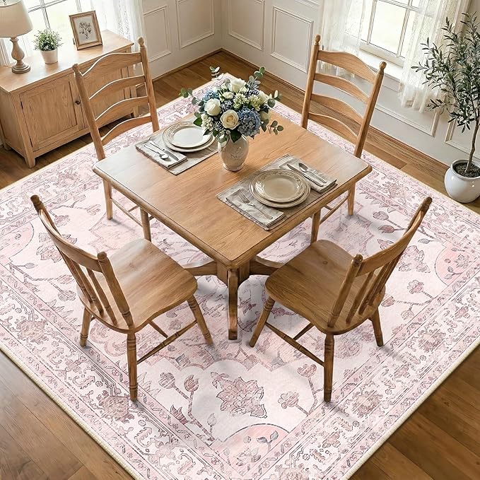 RELEANY Area Rugs Square 7ft Washable Non-Slip, Floral Vintage Distress Medallion Carpet for Living Room Bedroom Dining Room, Pink Greypink Cute