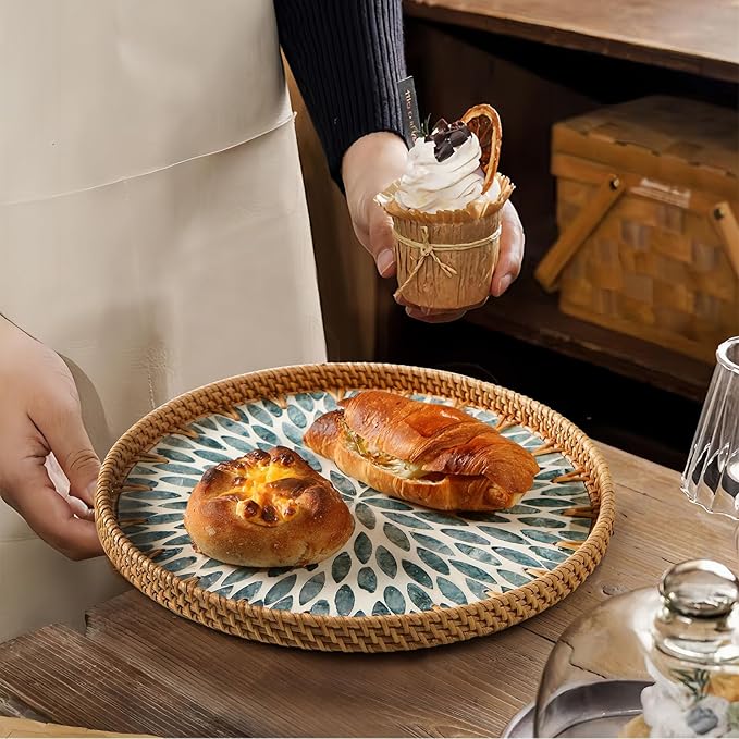 Round Rattan Tray with Mother of Pearl Inlay, Decorative Wicker Serving Tray with Wooden Base, Woven Basket Trays for Bread Fruits Coffee, Light Blue