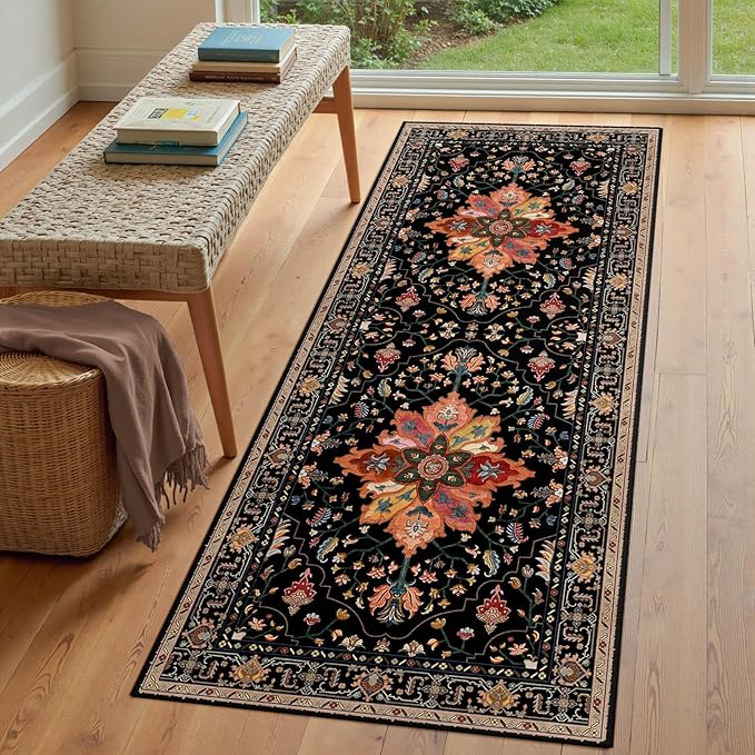 RELEANY Area Rugs Runner 3'x8' Washable Non-Slip, Floral Vintage Distress Medallion Carpet for Kitchen Hallway Bedroom Beside Laundry Room Bathroom, Black Colorful Floral Dark Tan
