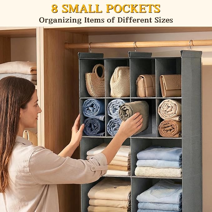 Ofiray-home 4 Tier Hanging Closet Organizer, 12 Compartments Sweater Organizer for Closet with 3 Sturdy Hooks, Closet Organizers and Storage, Wardrobe, Rv, Garment Rack, Grey