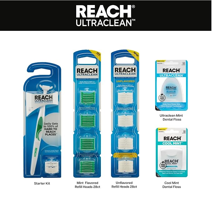 REACH Ultraclean Access Flosser Starter Kit, Unflavored, Plaque Remover for Teeth, for Hard to Reach Areas, Oral Care, PFAS Free, 1 Replaceable Flosser & 8 Refill Heads, 1 Pack