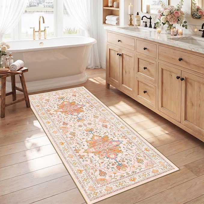 RELEANY Area Rugs Runner 2'6"x5' Washable Non-Slip, Floral Vintage Distress Medallion Carpet for Kitchen Hallway Bedroom Beside Laundry Room Bathroom, Light Pink Colorful