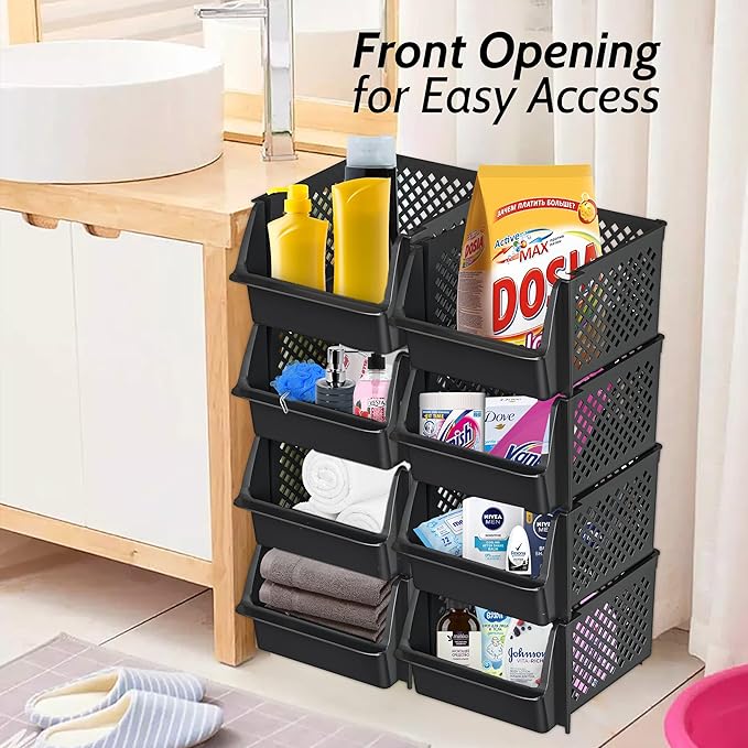 TidyFriend 4 Pack Stackable Storage Bins Open Front for Pantry Organizers and Storage, Pantry Storage for Food, Kitchen and Home Organization, Plastic Storage Bins, Dorm Room Essentials (Black)
