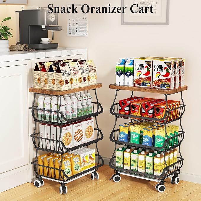 SAYZH Fruit Basket Kitchen Pantry Organizers and Storage - Wooden Top Table, Stackable Metal Wire Basket Stand Cart for Fruit Vegetable Snacks Onion Potato Organization (Black, 4 Tiers)