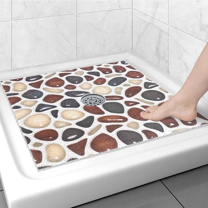 Square Shower Mat Non Slip: 24x24 Inch Shower mats for Inside Shower with Drain Hole in Middle, Super Soft PVC Loofah Massage Shower Floor Mat, Anti Slip Shower Stall Mat, Quick Drying