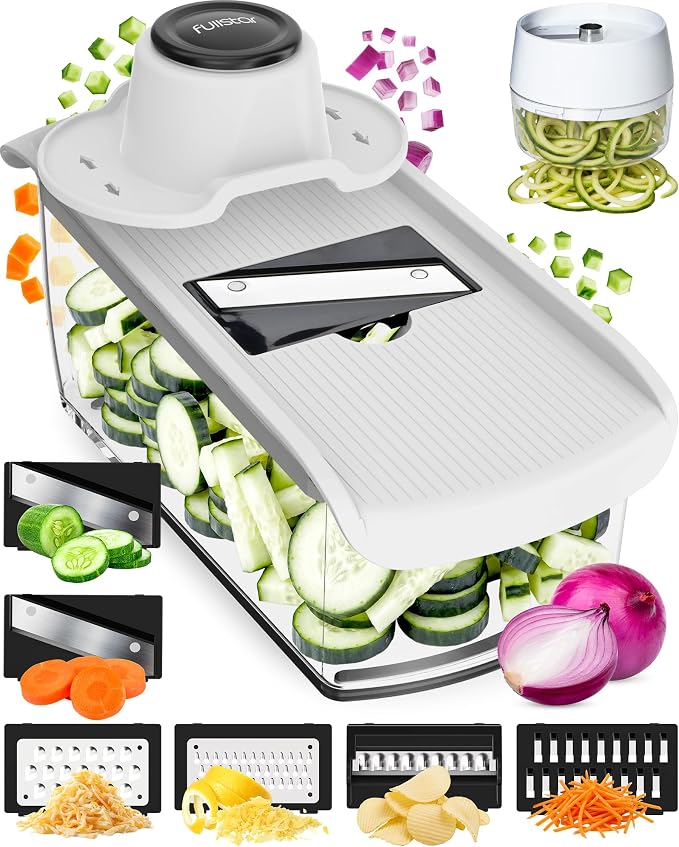 Fullstar Mandoline Slicer for Kitchen, Fruit Cutter, Cheese Grater, Cucumber Slicer, Julienne Peeler, Food Cutter & Kitchen Gadgets & Gifts with Safety Glove (9 in 1, White)