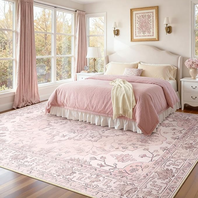 RELEANY Area Rugs Large 10'x12' Washable Non-Slip, Floral Vintage Distress Medallion Carpet for Living Room Bedroom Dining Room, Pink Greypink Cute