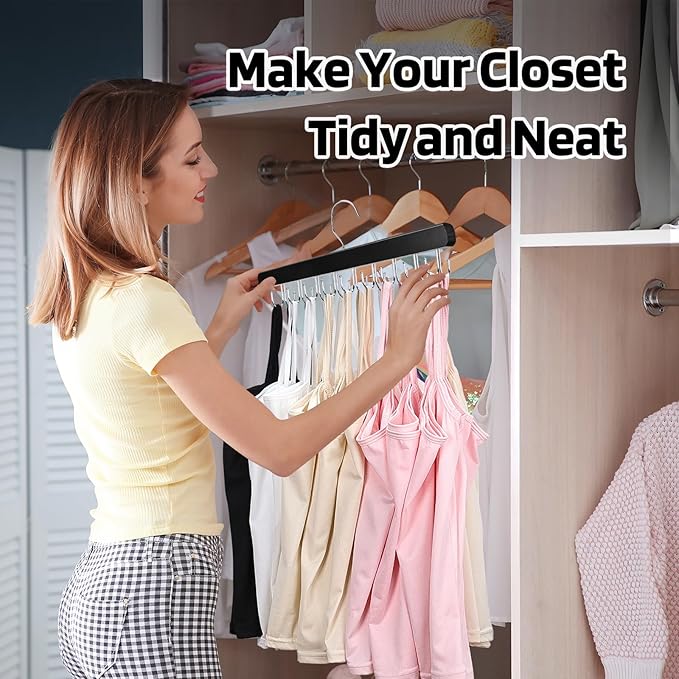 NECAMOCU 2 Pack Bra Hanger for Closet Organizer, Premium Wooden Tank Top Hangers with 36 Foldable Hooks, 360° Rotating Design, Space Saving Storage for Tank Tops, Bras, Scarves and More, Black
