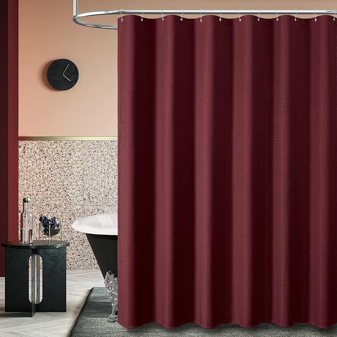Dynamene Extra Wide Shower Curtain - 108 Inch Wide Waffle Weave Weighted Thick Cloth Bathroom Shower Curtain, Neutral Heavy Duty Hotel Bath Curtain Set with 18 Plastic Hooks, 108x72, Burgundy
